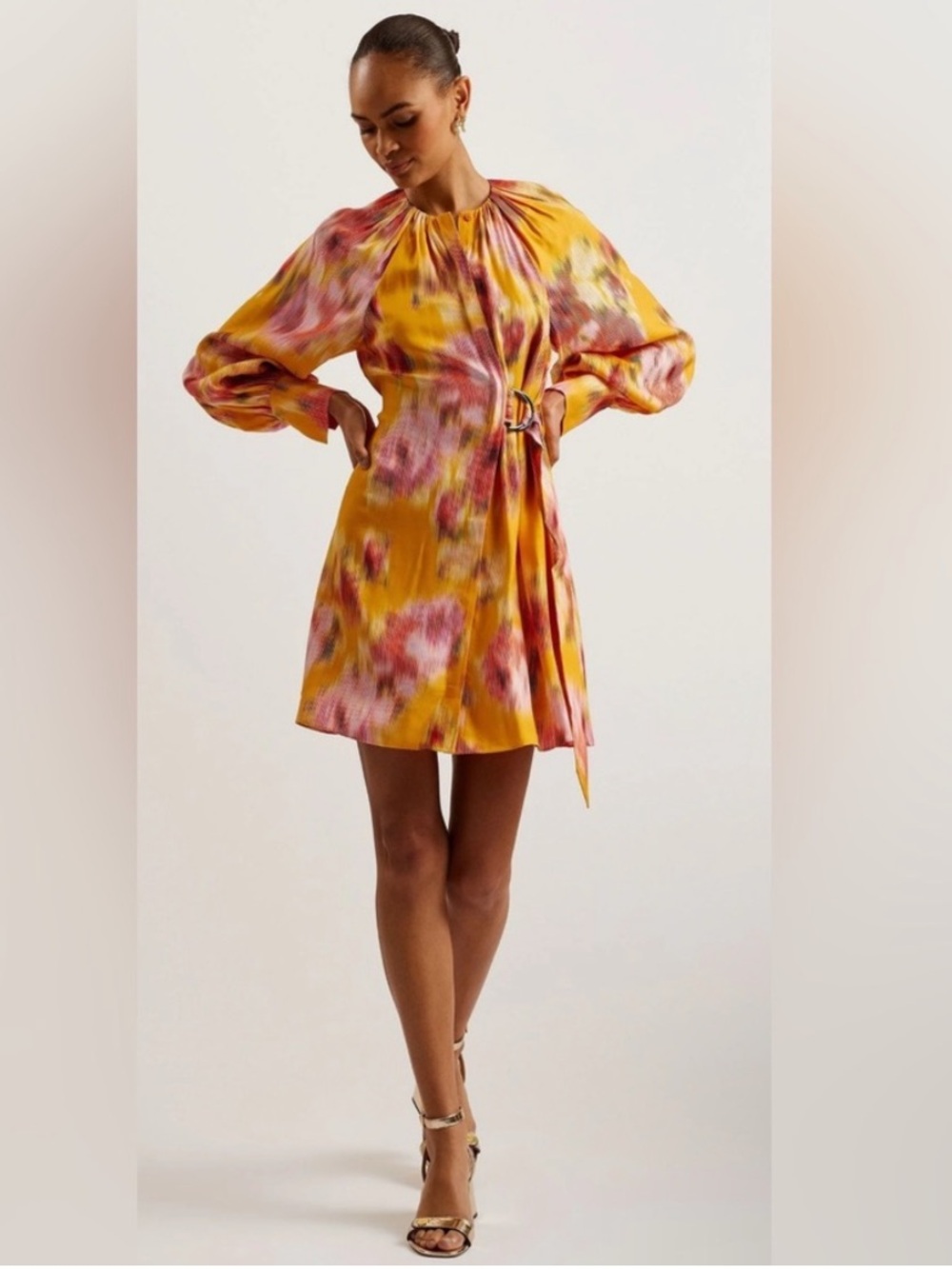 Ted Baker Akemi Mini Wrap Yellow Floral Tie-D Ring Retro Mini Dress Sz 3